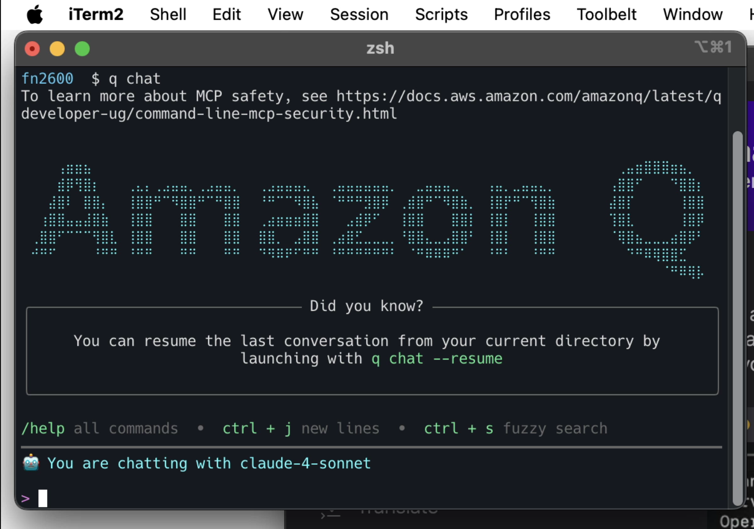 The launch screen for an Amazon q chat